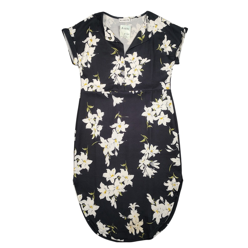 Elings T-Shirt Dress Women Medium Black Floral Lily Print Polyester Spandex‎